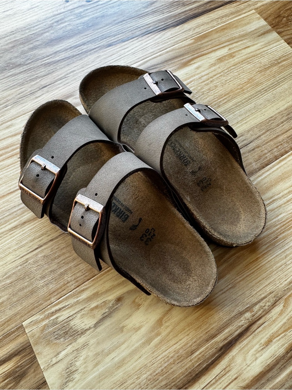 Kids Birkenstock Arizona Two-Strap Sandals - Brown with Gold Buckles - Picture 2 of 5
